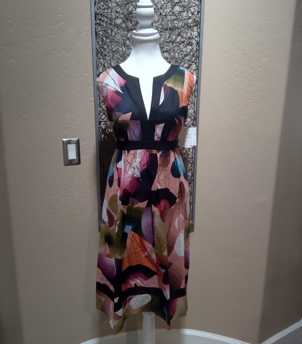 Suzi Chin For Maggy Boutique Abstract Print Sleeveless Dress with Black Trim